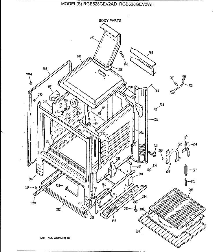 BODY PARTS Diagram and Parts List for RGB528GEV2AD  Hotpoint Range