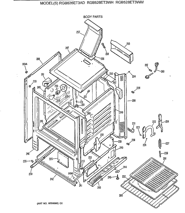 BODY PARTS Diagram and Parts List for RGB526ET3AD  Hotpoint Range