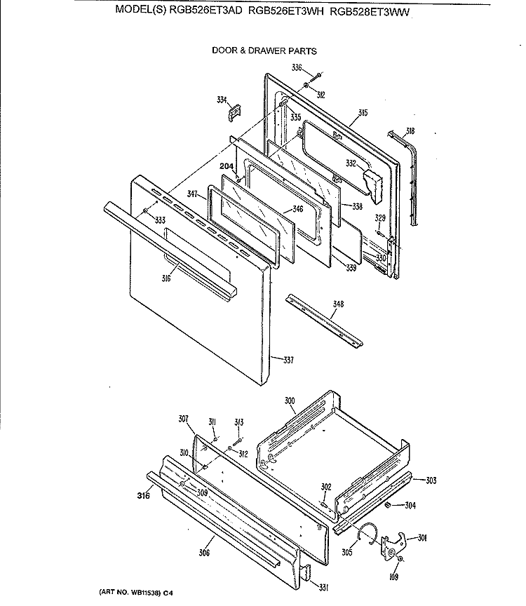 DOOR & DRAWER PARTS Diagram and Parts List for RGB526ET3AD  Hotpoint Range