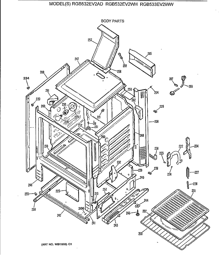 BODY PARTS Diagram and Parts List for RGB532EV2AD  Hotpoint Range