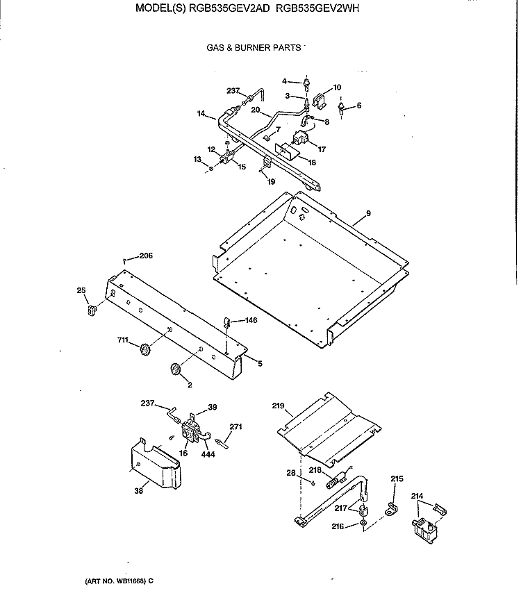 GAS & BURNER PARTS Diagram and Parts List for RGB535GEV2WH  Hotpoint Range