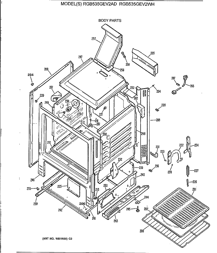 BODY PARTS Diagram and Parts List for RGB535GEV2WH  Hotpoint Range