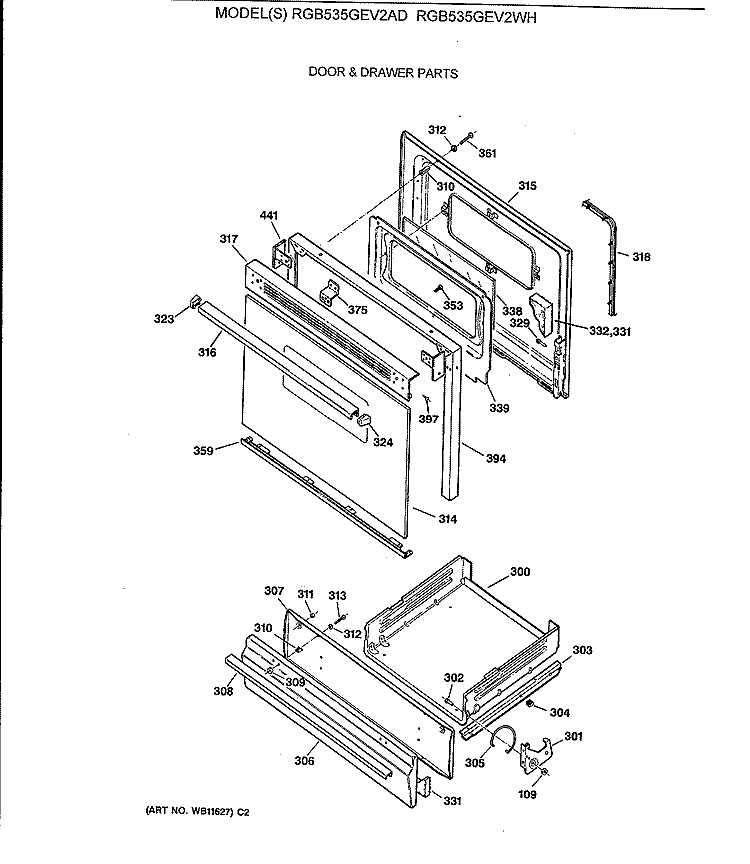 DOOR & DRAWER PARTS Diagram and Parts List for RGB535GEV2WH  Hotpoint Range