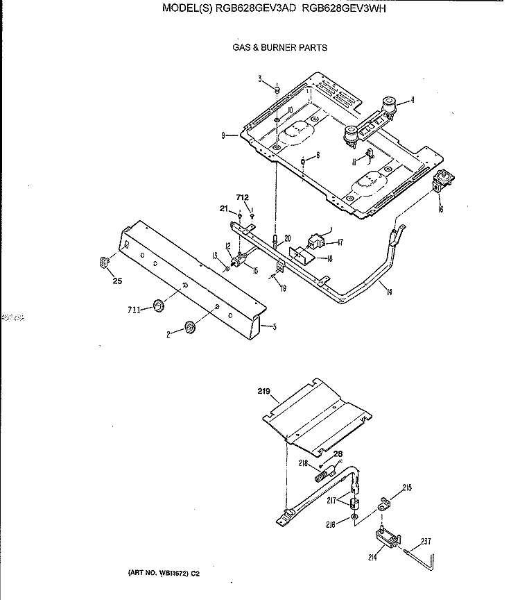 GAS & BURNER PARTS Diagram and Parts List for RGB628GEV3AD  Hotpoint Range