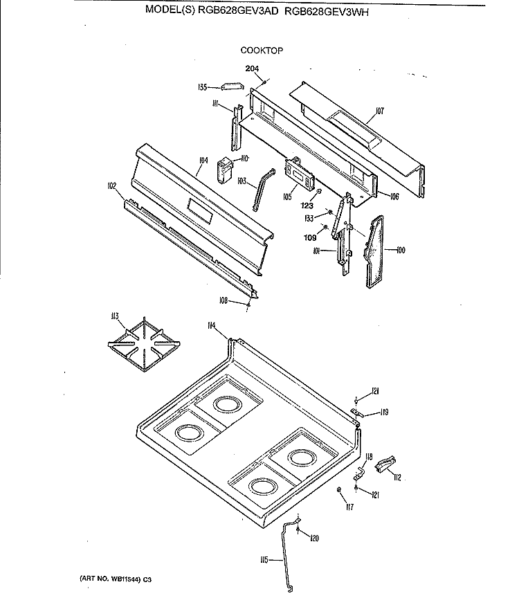 COOKTOP Diagram and Parts List for RGB628GEV3AD  Hotpoint Range