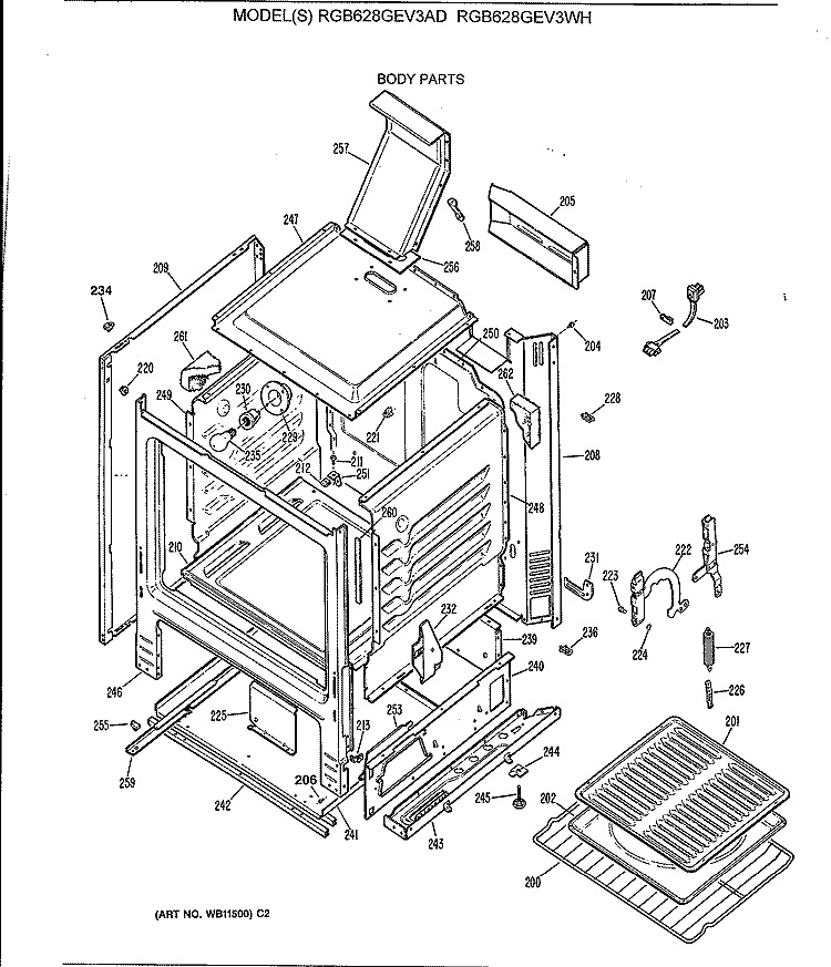 BODY PARTS Diagram and Parts List for RGB628GEV3AD  Hotpoint Range