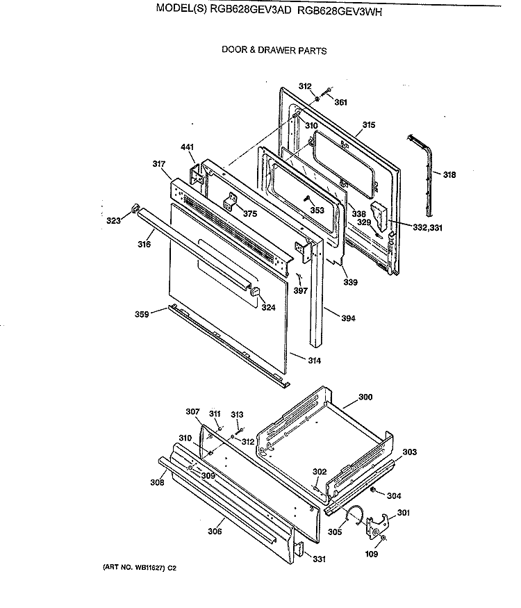 DOOR & DRAWER PARTS Diagram and Parts List for RGB628GEV3AD  Hotpoint Range