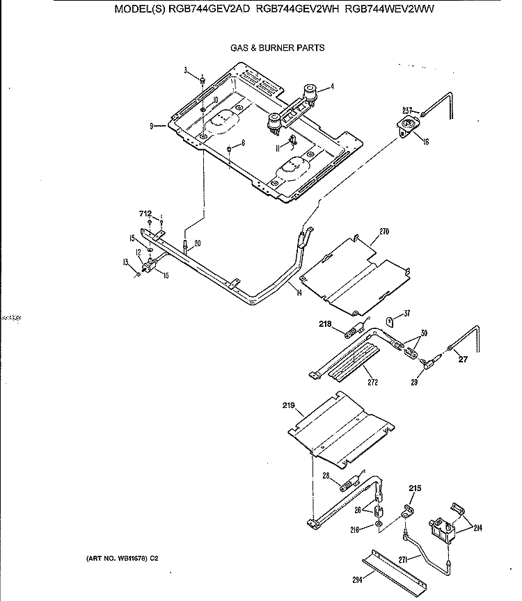 GAS & BURNER PARTS Diagram and Parts List for RGB744GEV2WH  Hotpoint Range