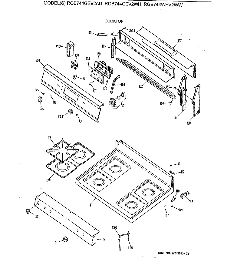 COOKTOP Diagram and Parts List for RGB744GEV2WH  Hotpoint Range