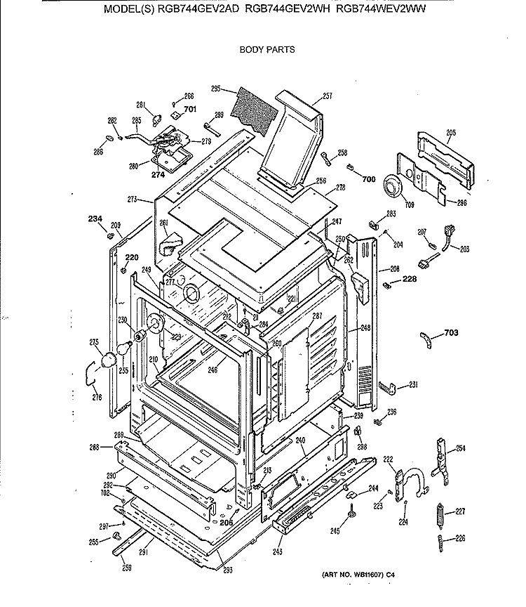 BODY PARTS Diagram and Parts List for RGB744GEV2WH  Hotpoint Range