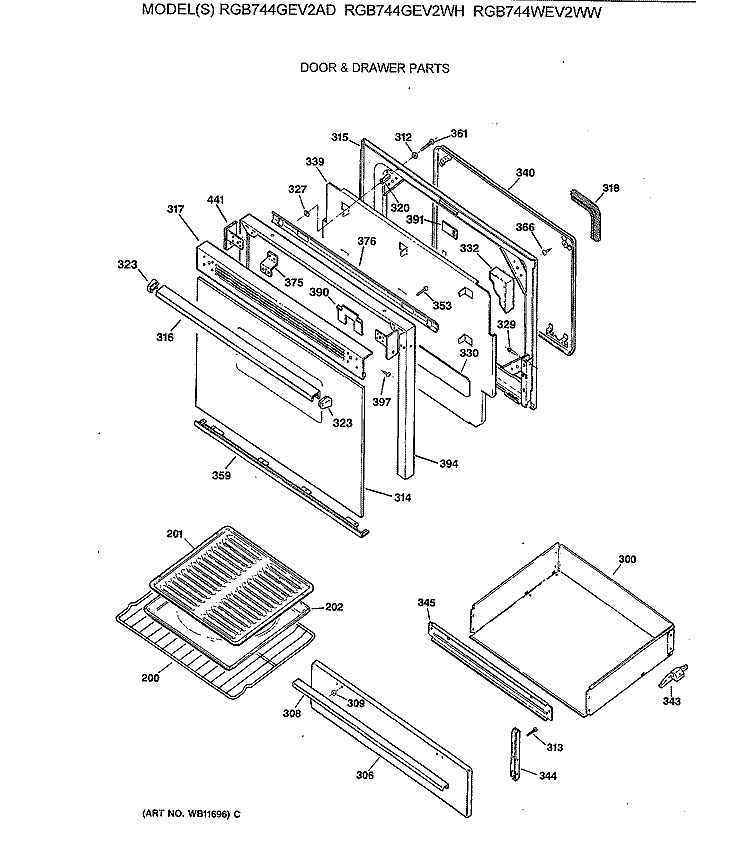 DOOR & DRAWER PARTS Diagram and Parts List for RGB744GEV2WH  Hotpoint Range
