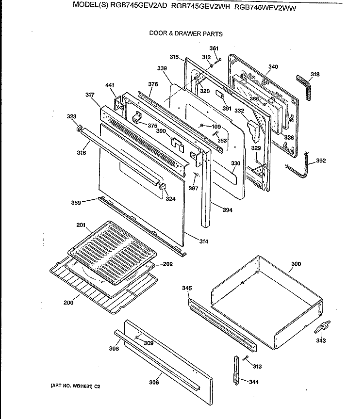 DOOR & DRAWER PARTS Diagram and Parts List for RGB745GEV2AD  Hotpoint Range