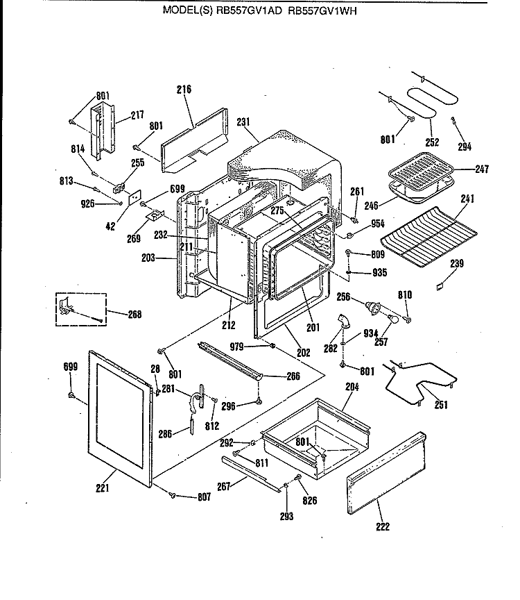 Section Diagram and Parts List for RB557GV1AD  Hotpoint Range