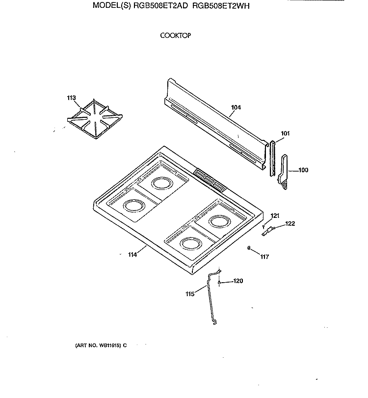 COOKTOP Diagram and Parts List for RGB508ET2AD  Hotpoint Range