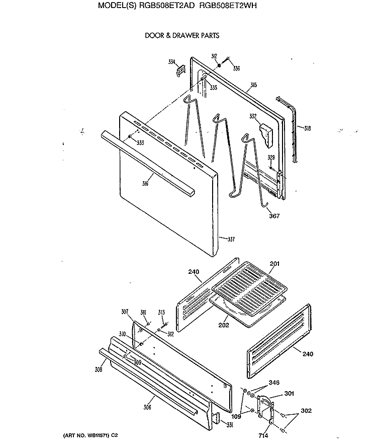 DOOR & DRAWER PARTS Diagram and Parts List for RGB508ET2AD  Hotpoint Range