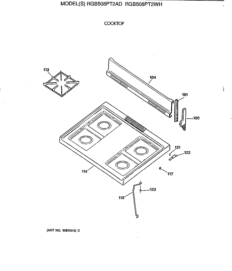 COOKTOP Diagram and Parts List for RGB508PT2WH  Hotpoint Range