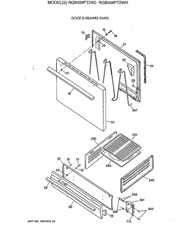 DOOR & DRAWER PARTS Diagram and Parts List for RGB508PT2WH  Hotpoint Range