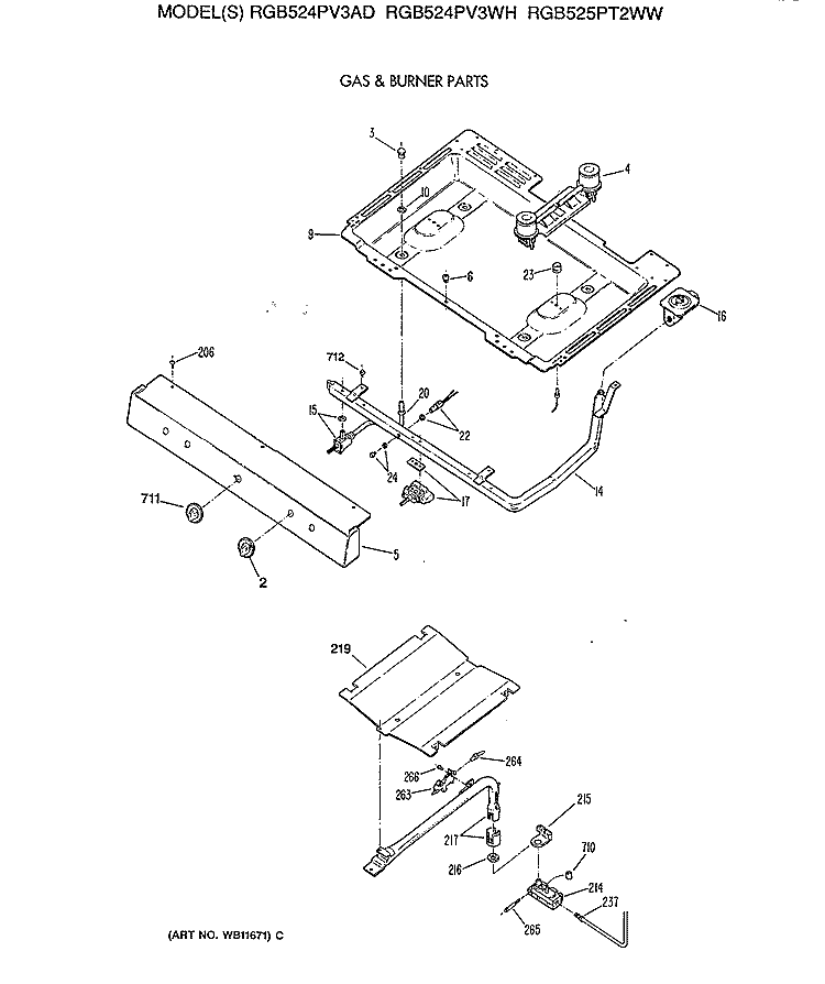 GAS & BURNER PARTS Diagram and Parts List for RGB524PV3AD  Hotpoint Range