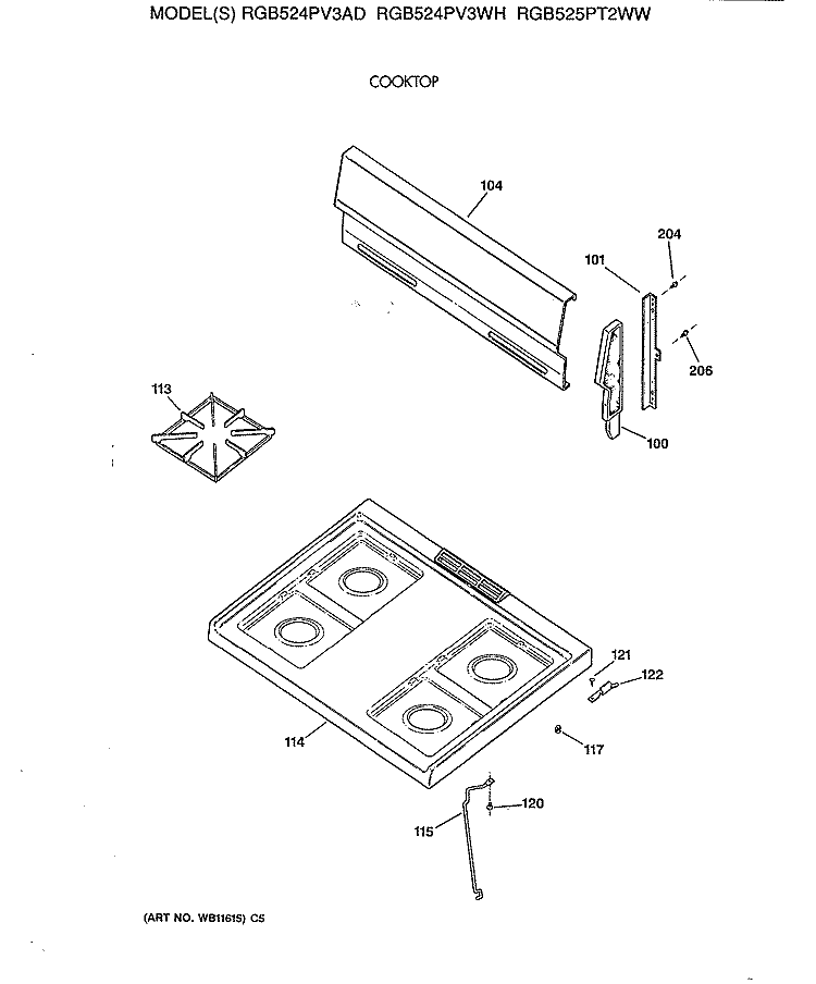 COOKTOP Diagram and Parts List for RGB524PV3AD  Hotpoint Range