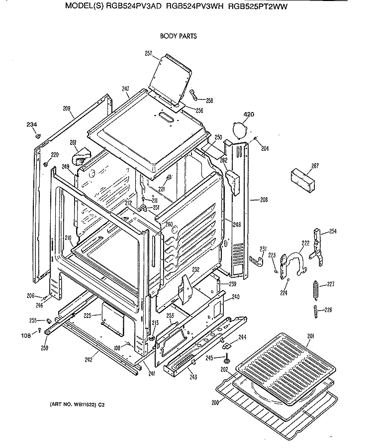 BODY PARTS Diagram and Parts List for RGB524PV3AD  Hotpoint Range
