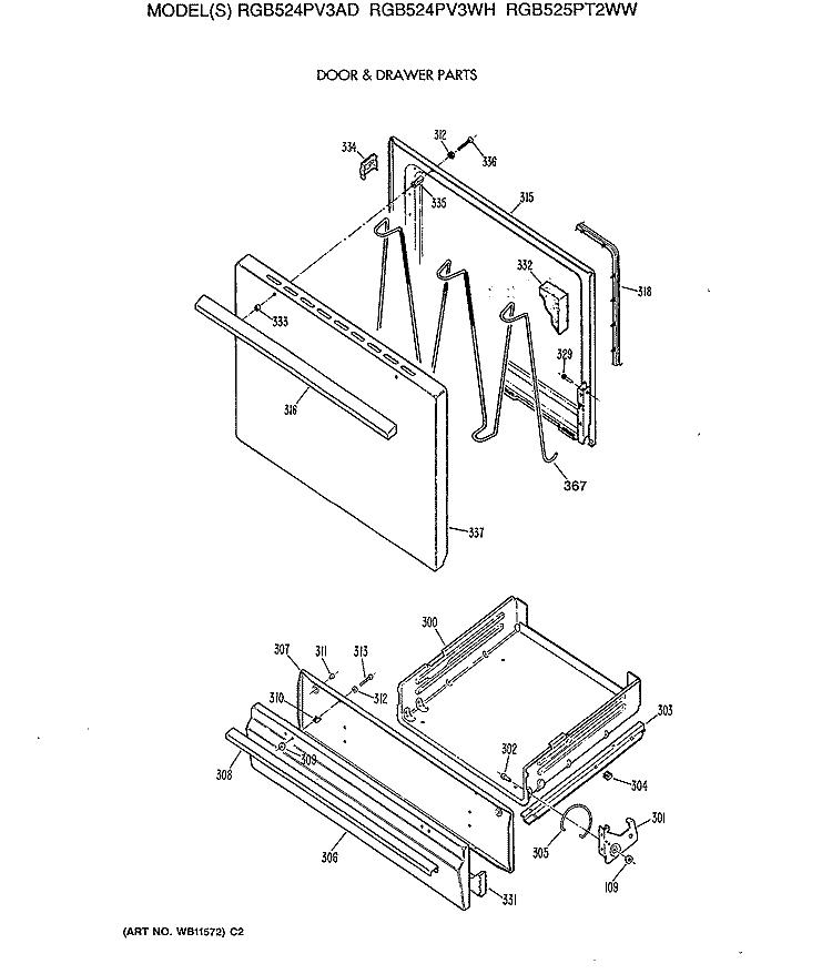 DOOR & DRAWER PARTS Diagram and Parts List for RGB524PV3AD  Hotpoint Range
