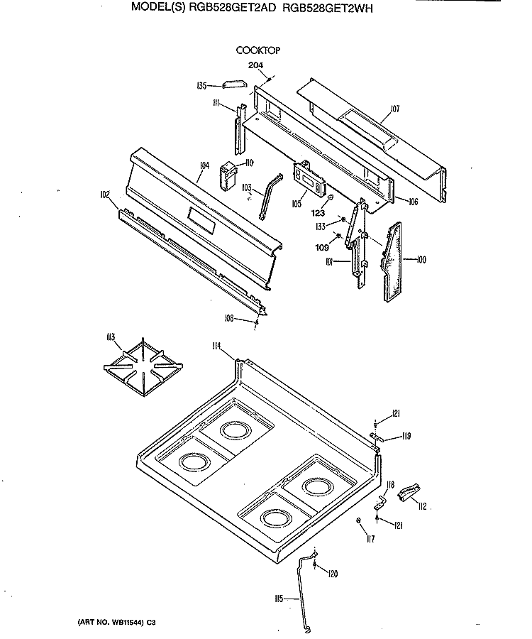 COOKTOP Diagram and Parts List for RGB528GET2WH  Hotpoint Range