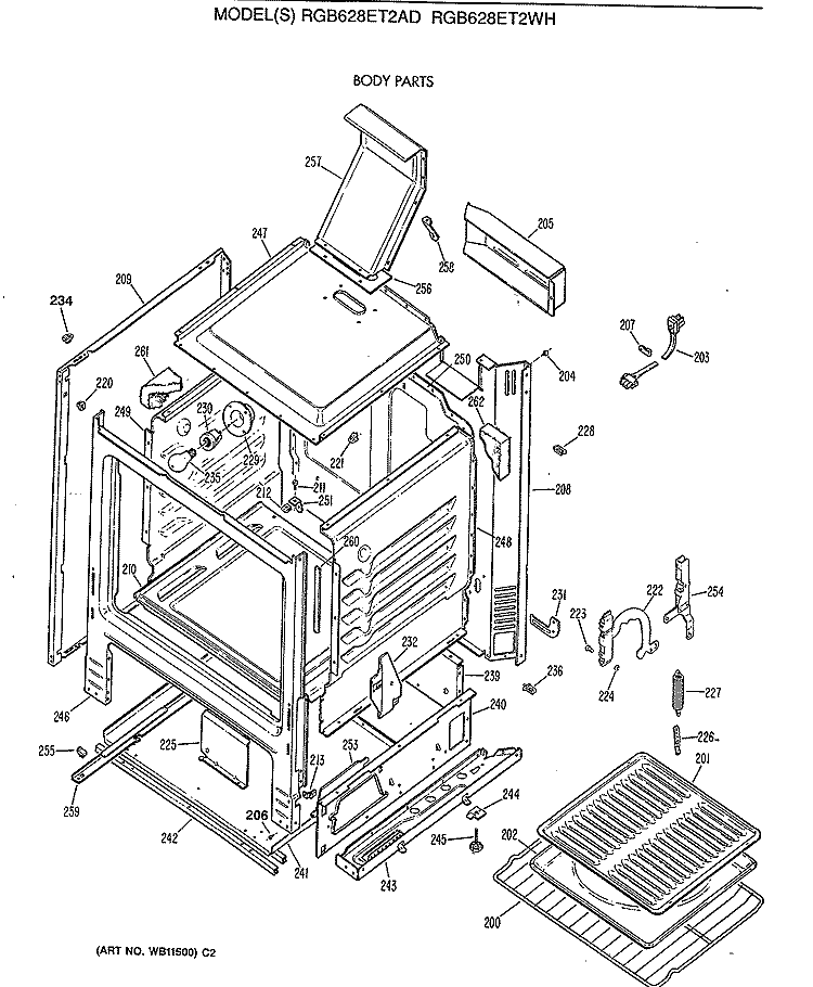 BODY PARTS Diagram and Parts List for RGB628ET2AD  Hotpoint Range