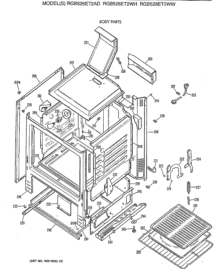 BODY PARTS Diagram and Parts List for RGB526ET2WH  Hotpoint Range