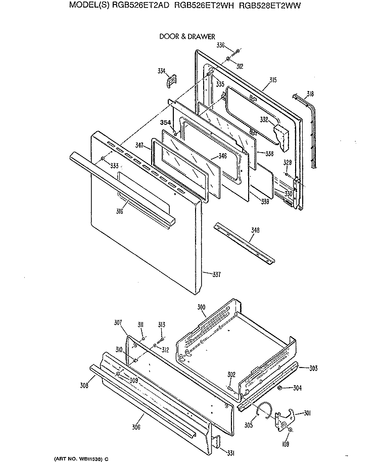 DOOR & DRAWER Diagram and Parts List for RGB526ET2WH  Hotpoint Range