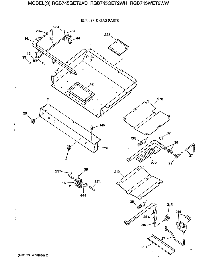 BURNER & GAS PARTS Diagram and Parts List for RGB745WET2WW  Hotpoint Range