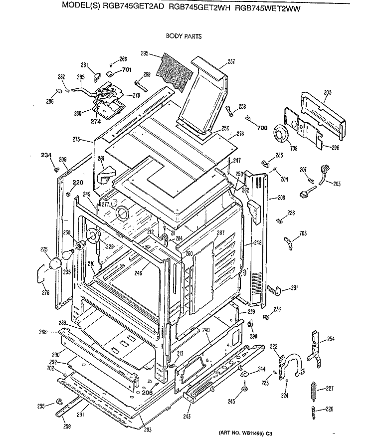BODY PARTS Diagram and Parts List for RGB745WET2WW  Hotpoint Range