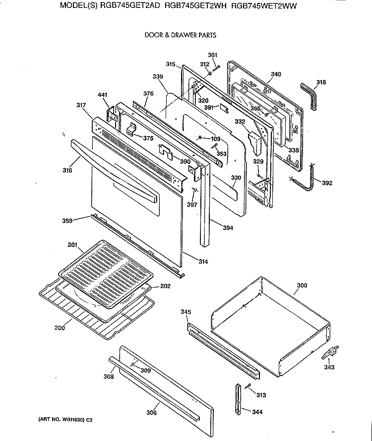 DOOR & DRAWER PARTS Diagram and Parts List for RGB745WET2WW  Hotpoint Range