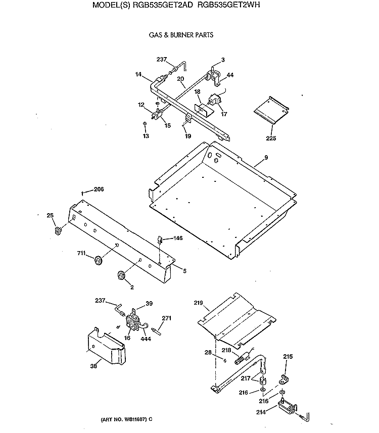 GAS & BURNER PARTS Diagram and Parts List for RGB535GET2AD  Hotpoint Range