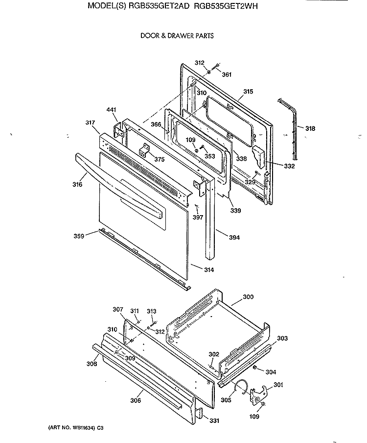 DOOR & DRAWER PARTS Diagram and Parts List for RGB535GET2AD  Hotpoint Range
