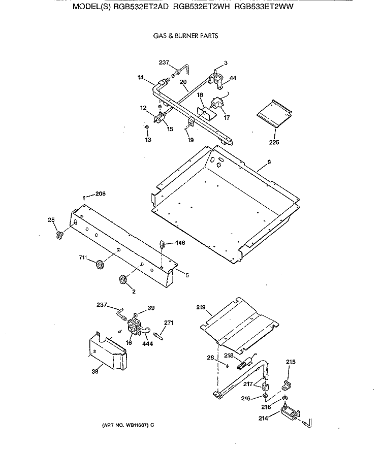 GAS & BURNER PARTS Diagram and Parts List for RGB532ET2WH  Hotpoint Range