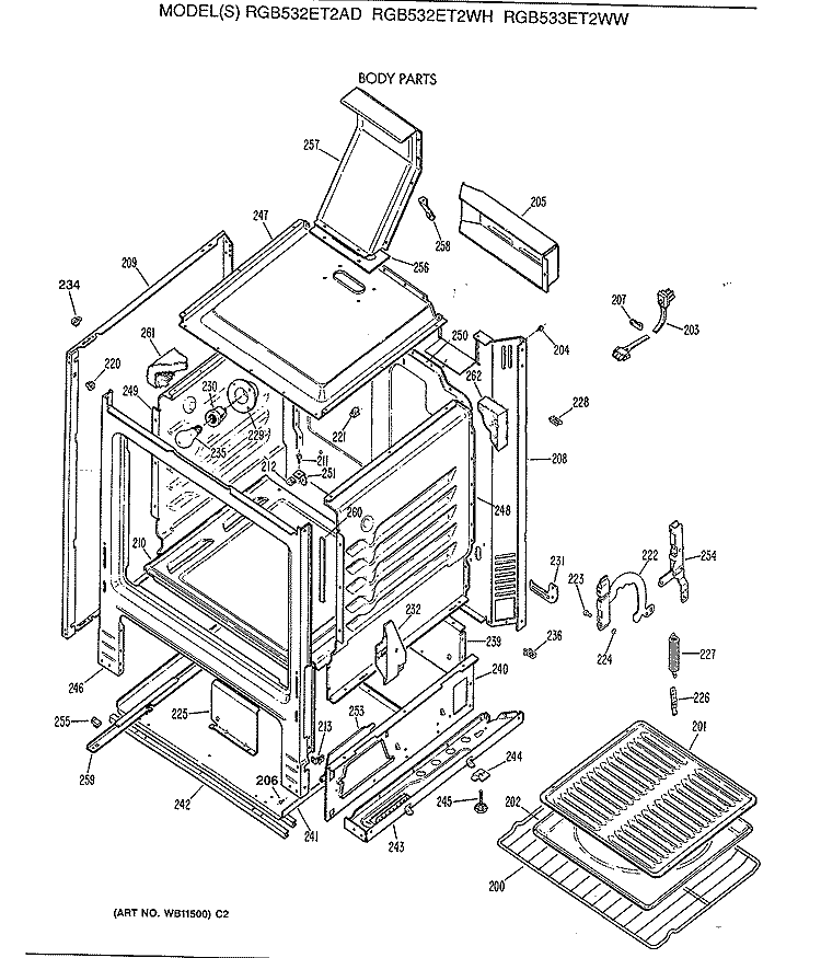 BODY PARTS Diagram and Parts List for RGB532ET2WH  Hotpoint Range