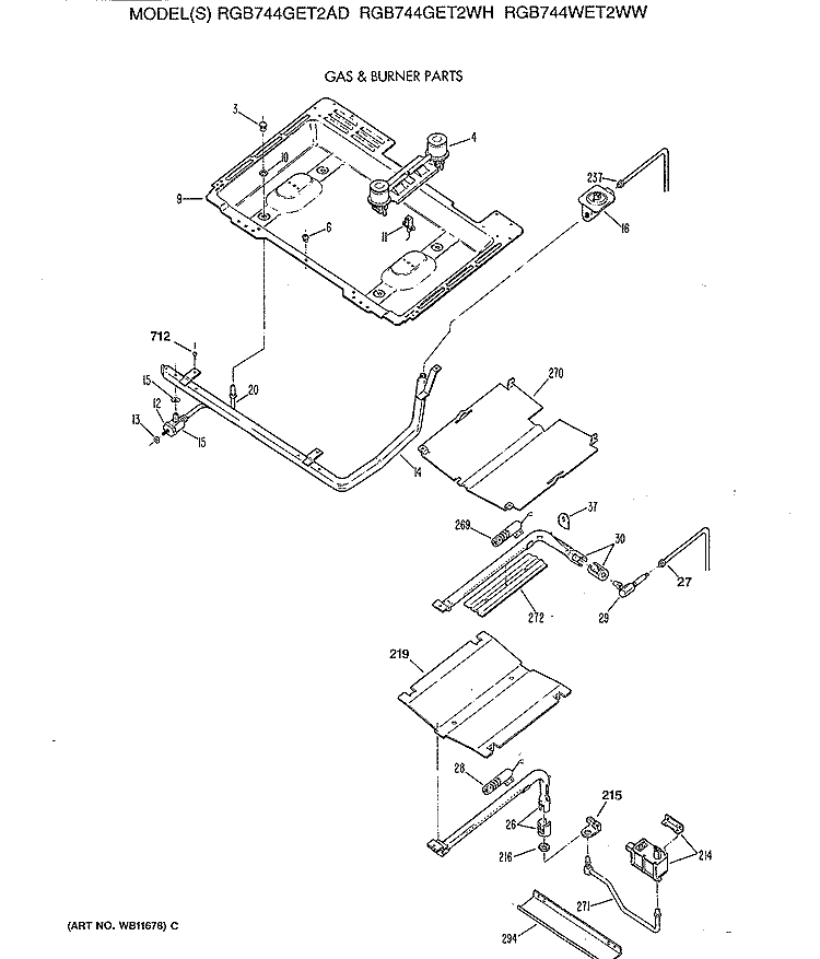 GAS & BURNER PARTS Diagram and Parts List for RGB744GET2AD  Hotpoint Range