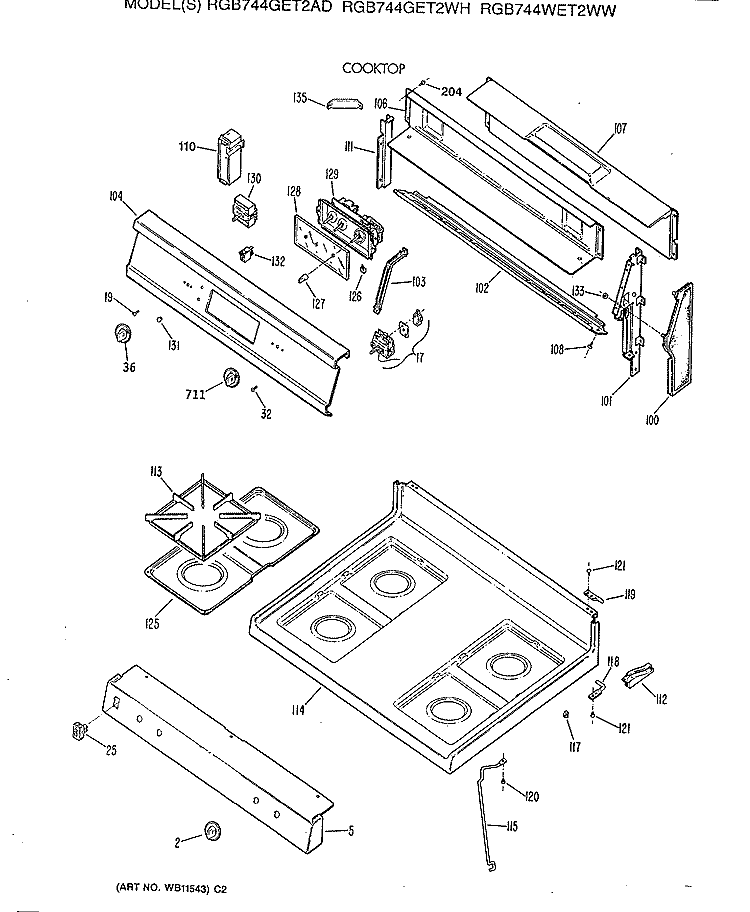 COOKTOP Diagram and Parts List for RGB744GET2AD  Hotpoint Range