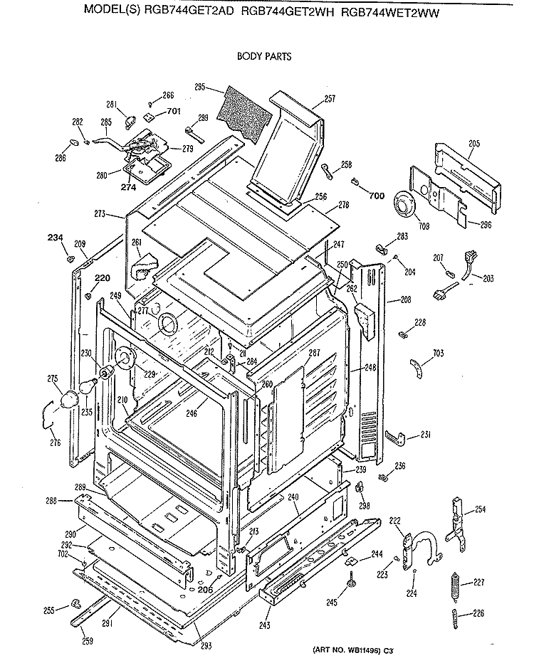 BODY PARTS Diagram and Parts List for RGB744GET2AD  Hotpoint Range