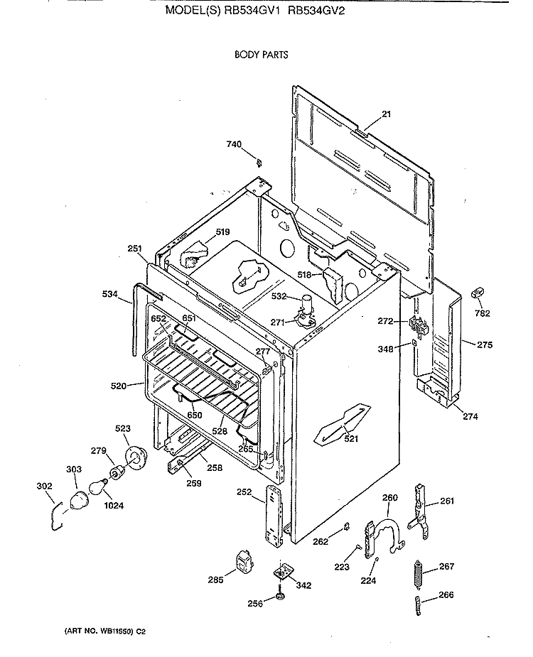 BODY PARTS Diagram and Parts List for RB534GV1  Hotpoint Range