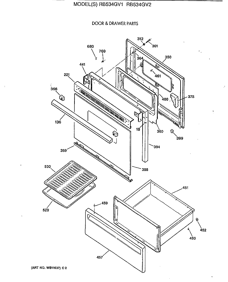 DOOR & DRAWER PARTS Diagram and Parts List for RB534GV1  Hotpoint Range