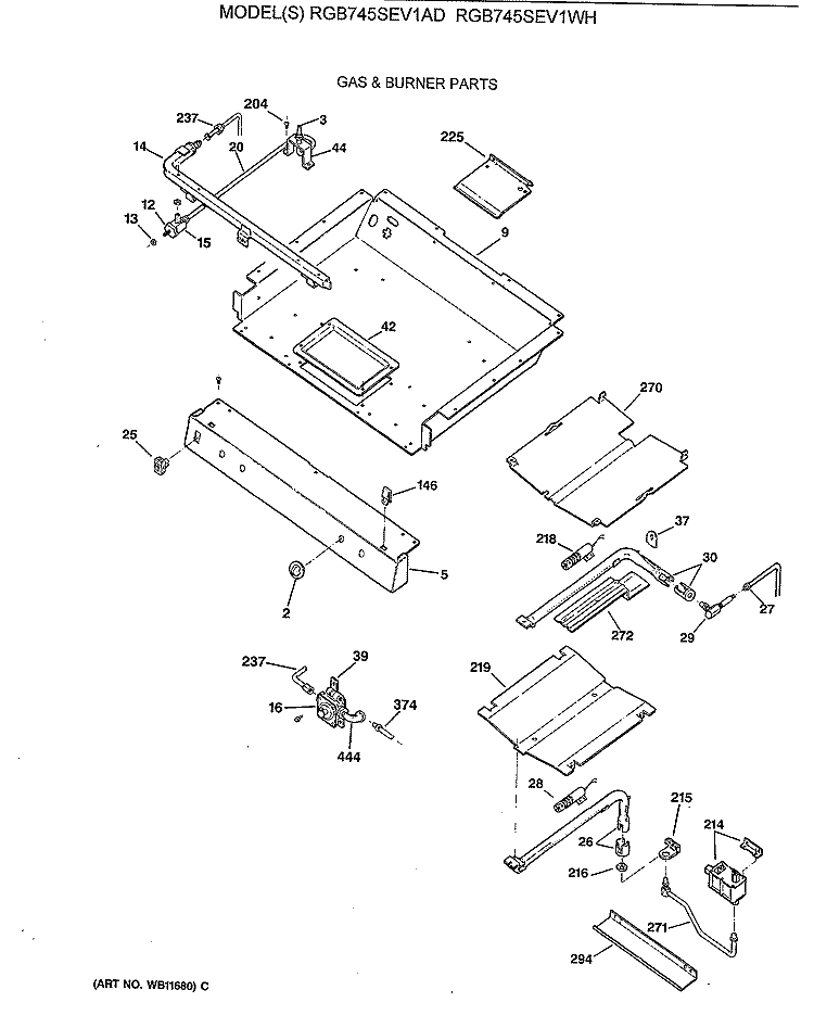 GAS & BURNER PARTS Diagram and Parts List for RGB745SEV1AD  Hotpoint Range