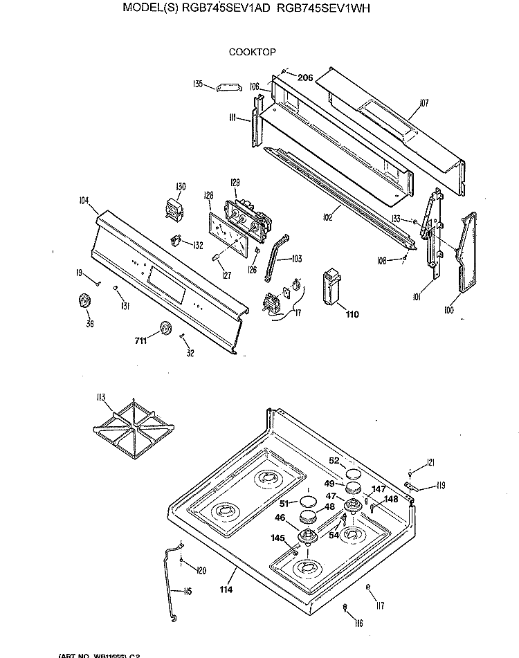 COOKTOP Diagram and Parts List for RGB745SEV1AD  Hotpoint Range