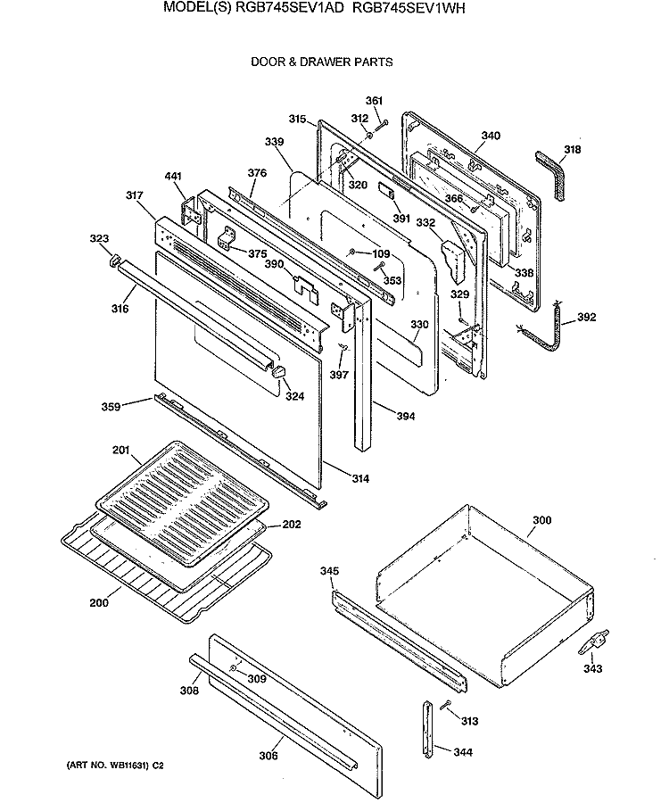 DOOR & DRAWER PARTS Diagram and Parts List for RGB745SEV1AD  Hotpoint Range