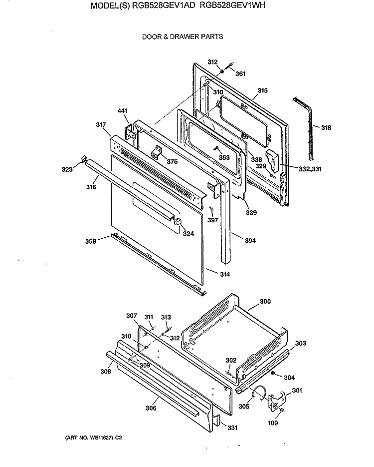 DOOR & DRAWER PARTS Diagram and Parts List for RGB528GEV1AD  Hotpoint Range