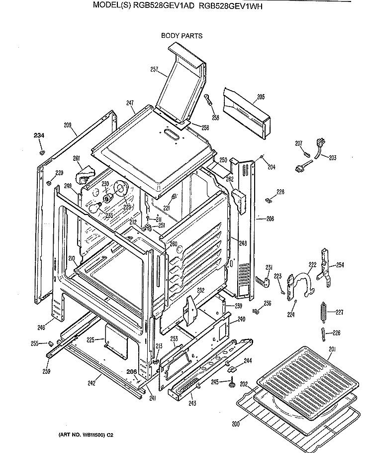 BODY PARTS Diagram and Parts List for RGB528GEV1AD  Hotpoint Range