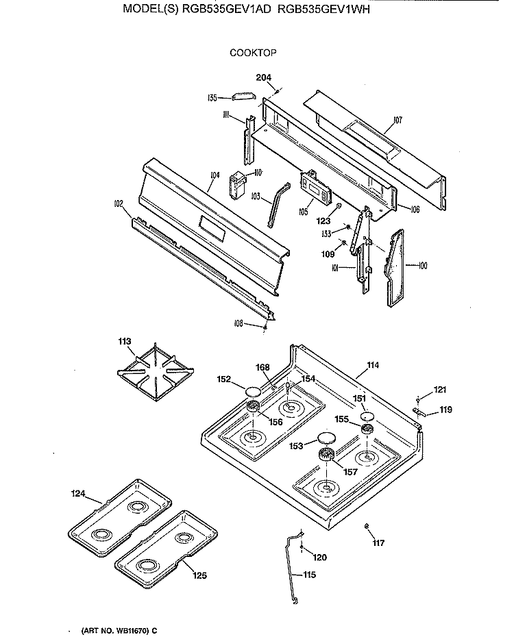 COOKTOP Diagram and Parts List for RGB535GEV1AD  Hotpoint Range