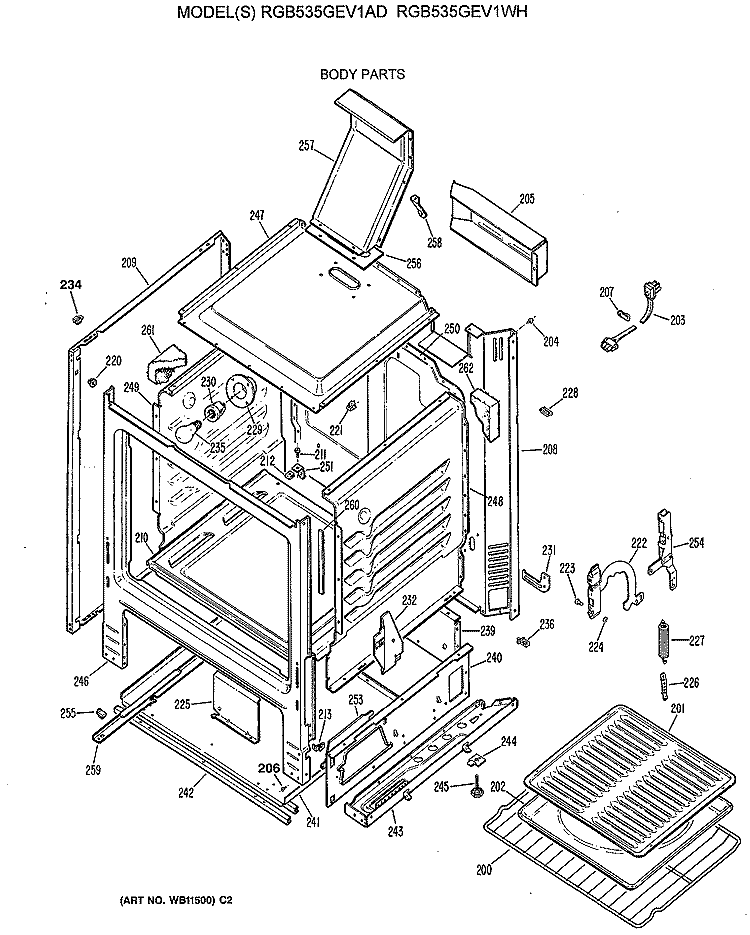 BODY PARTS Diagram and Parts List for RGB535GEV1AD  Hotpoint Range