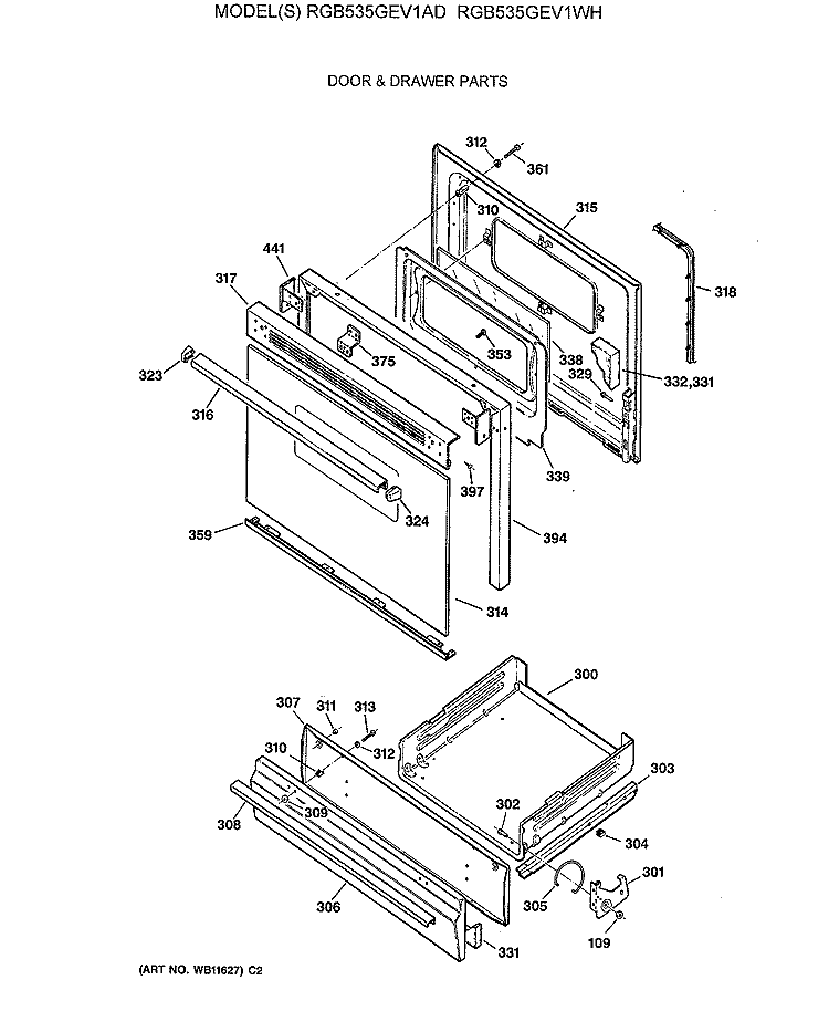 DOOR & DRAWER PARTS Diagram and Parts List for RGB535GEV1AD  Hotpoint Range