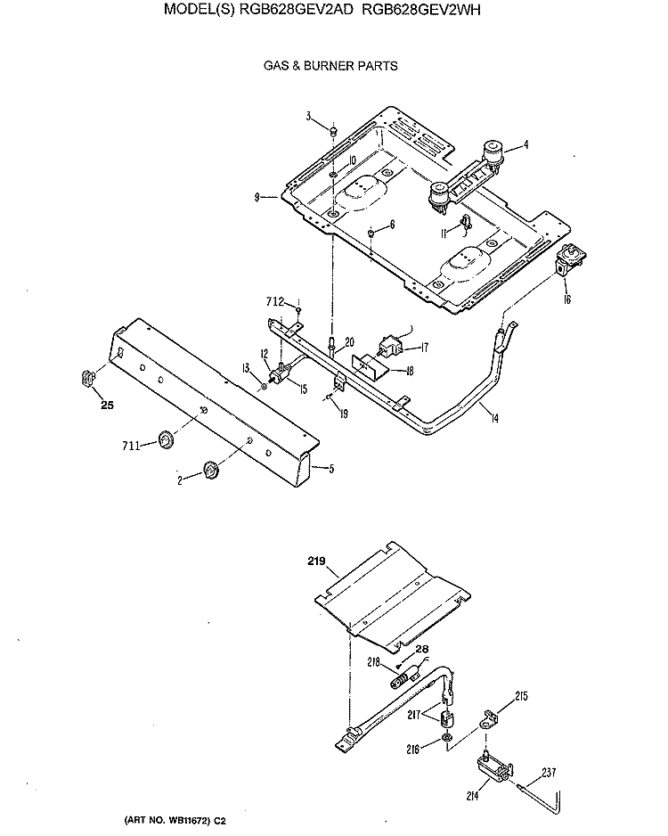 GAS & BURNER PARTS Diagram and Parts List for RGB628GEV2WH  Hotpoint Range